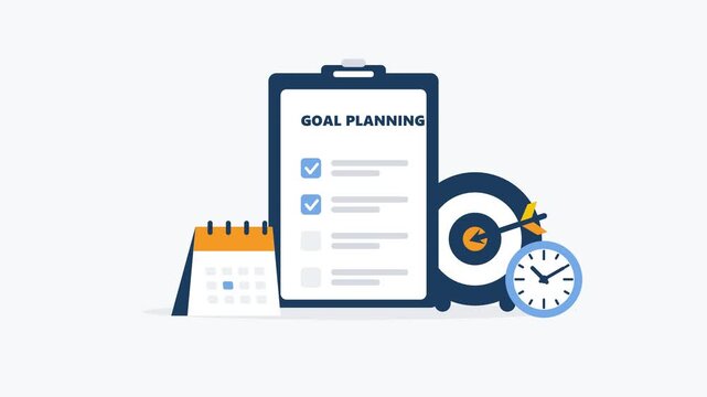 An exact replica of the 'Goal Planning' flat vector animation, globally scaled up by 2.2x to perfectly fill and proportion a 4K display. Features elastic pop-ins, flying arrow, and sequential checkmar