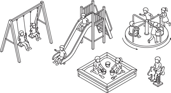 Isometric children playing on playground equipment vector set featuring swing slide sandbox merry go round Isolated on Transparent Background