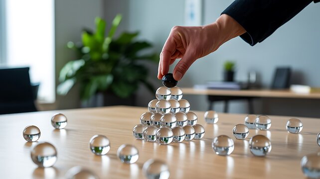 Hand placing a metal ball on top of a pyramid representing leadership and business hierarchy