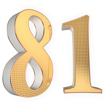 ?Elegant white Glossy 3D Number 81 with Gold Outline, Luxury Metallic Typography