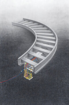 Curved metal cable tray section with exposed colorful electrical wiring bundles hanging down against a dark textured grey background surface