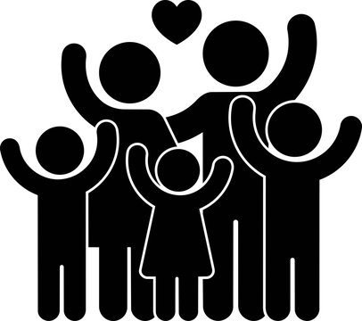 Family silhouette with raised arms and heart shape against a white background