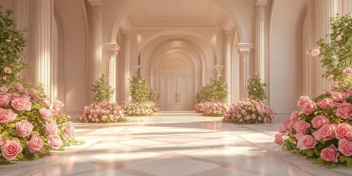 Elegant wedding ceremony hall with pink roses, luxury floral decoration, ornate palace architecture, classical columns and arches and sophisticated interior design