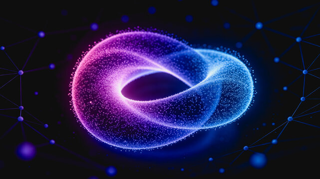 A glowing particle Mobius strip with network nodes, representing digital connection and abstract futuristic technology.