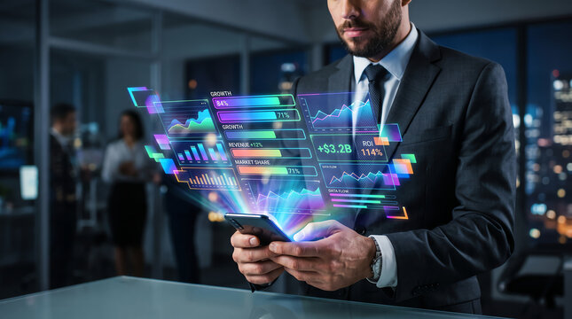 A professional businessman in a suit interacting with a futuristic holographic digital interface displaying complex data analytics in a modern office