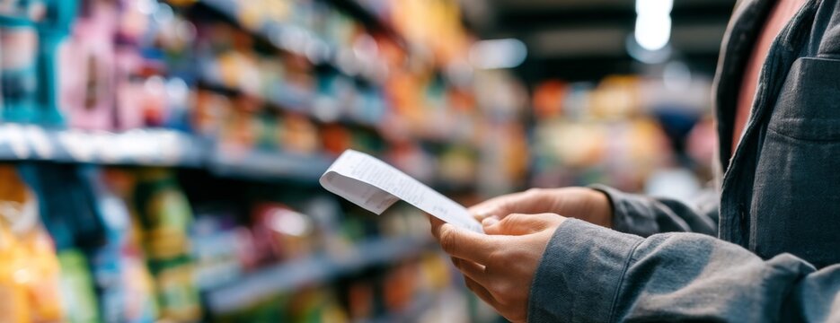 Person examining a receipt while shopping in a grocery store  