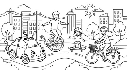 Children and adults enjoy eco-friendly transport in a city, with an electric car, bicycle, unicycle, and skateboard. © Sindi