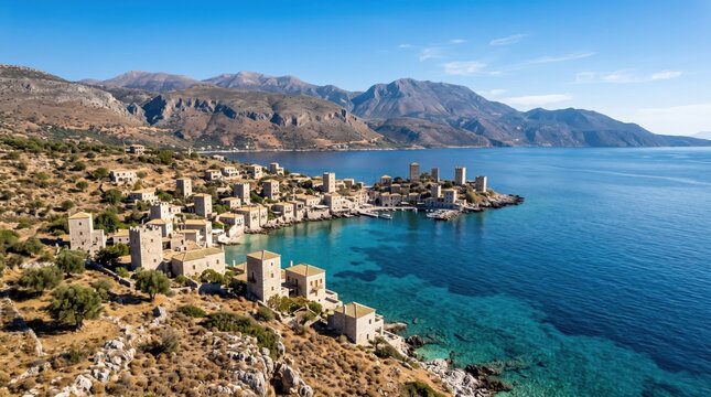 Greece Mani Peninsula and Limeni Coastal Village Landscape