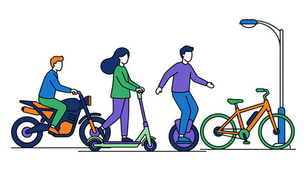 Diverse people commuting on electric scooter, unicycle, bicycle, and motorcycle, flat design vector illustration © Sindi