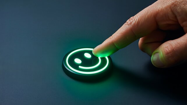 Finger pressing a glowing smile button representing positive customer experience and satisfaction