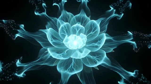 Glowing turquoise energy flower blooms with delicate light