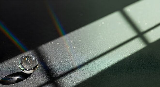 A clear glass marble rests on a dark textured surface with sunlight and a prism rainbow effect.