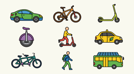 Icon set of nine diverse green transportation vehicles and people, flat design style, isolated on white background © Sindi