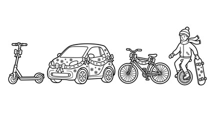 Line art illustration of a scooter, car, bicycle, and person on a unicycle with a skateboard, decorated for winter holidays. © Sindi