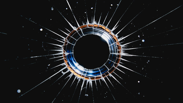 A dark circular void surrounded by a shattered glass-like ring with radial cracks, set against a starry black space background.