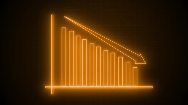 High-Tech Animated Graph Chart with Glowing Neon Business Bars, Neon Bar Chart with Downward Trend Arrow