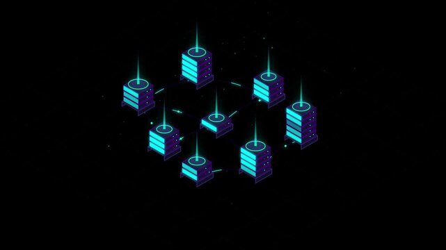 Isometric network of connected server towers with glowing blue data beams on a dark background, representing cloud computing, blockchain technology, and decentralized data storage systems