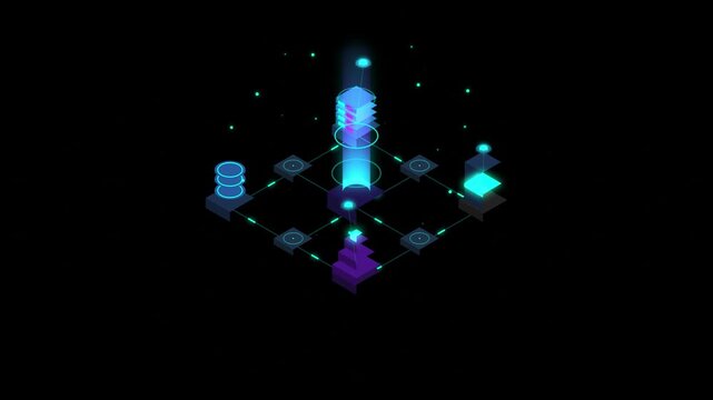Abstract digital network infrastructure with glowing data nodes and server stacks in isometric 3d style on black background, representing cloud computing, big data, and connectivity concepts