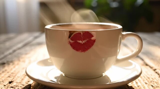 Steaming coffee cup sits on white saucer against softly blurred greenery and sunlight. Rustic tabletop, warm tones, and red lip imprint give coffee ritual intimate, cheerful feeling.