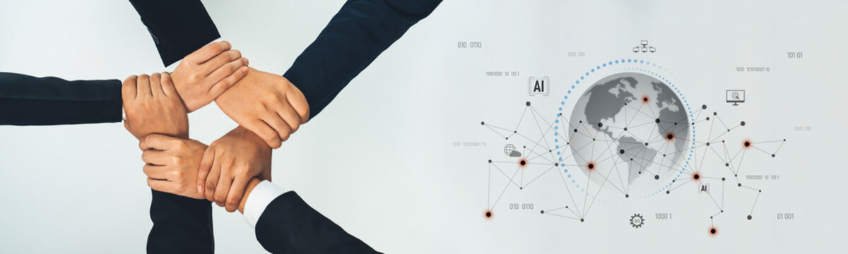 A powerful image depicting diverse hands clasped together, symbolizing unity and collaboration, overlaid with a globe and digital connectivity, showcasing teamwork in a global context. Trope
