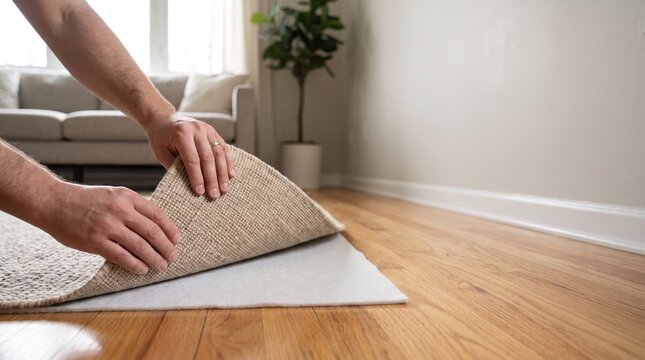 Person installing rug on hardwood floor in clean, minimalist living room space