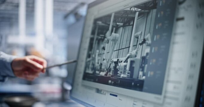 Engineer Points Pen at Computer Display to Analyze Robotic Assembly Workflows and System Diagnostics. Human Oversight Ensures Quality Control in Modern Smart Plants. Concept of Quality Inspection.