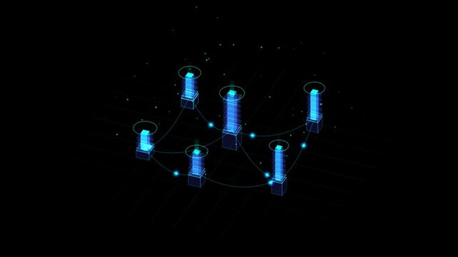 Abstract digital network connection with glowing data server towers and nodes on a dark background, representing cloud computing, big data, and global communication technology