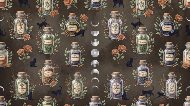 Watercolor seamless pattern featuring apothecary bottles, black cats, and moon phases on dark background