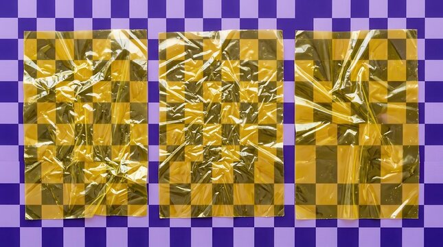 Three gold foil panels with a checkered pattern and crinkled texture on a blue border background