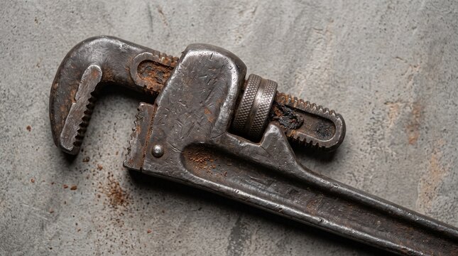 Rusty adjustable pipe wrench close up photo. Old metal hand tool resting on a textured gray concrete surface. Industrial repair equipment and plumbing maintenance concept backdrop