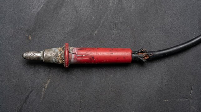 Damaged electronic cable with cracked red insulation and frayed wire. Worn electrical equipment and faulty wire. Hazardous connection hazard close-up view on dark surface