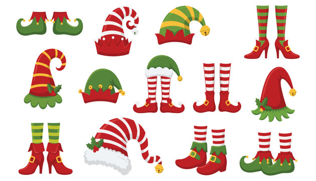 Set of Christmas elf hats and shoes vector illustrations isolated on a white background for holiday party graphic design elements
