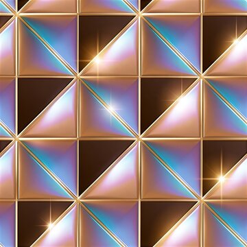 Geometric pattern of metallic gold triangles with iridescent blue and purple highlights and glowing starburst effects