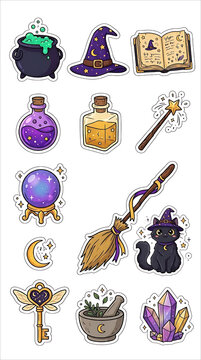 Magical witch and wizard sticker pack illustration set featuring isolated cauldron, spellbook, crystal ball, and potion bottles on white background.