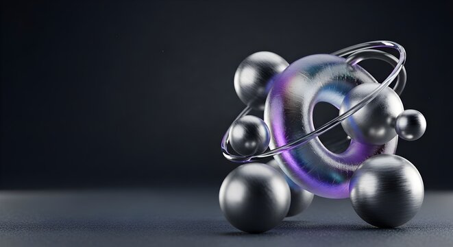Abstract 3D rendered metallic spheres and iridescent torus on dark background representing futuristic technology.