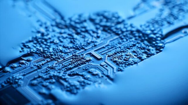 Abstract blue etching on a microchip surface with bubbles