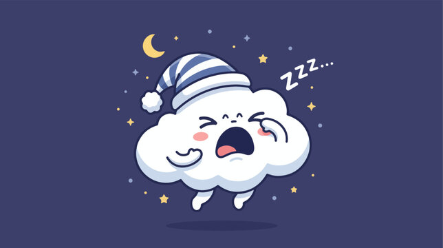 Sleepy Yawning Cloud Character Wearing Nightcap Vector Illustration