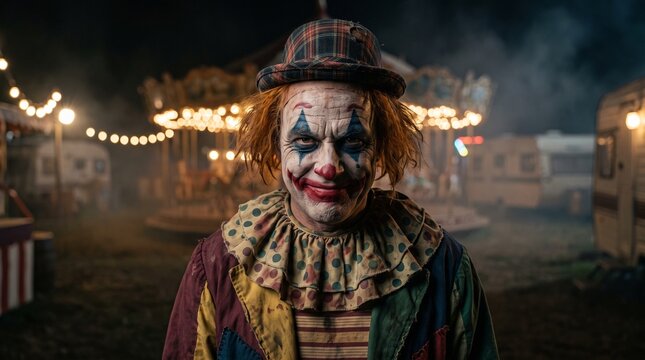 Sinister clown with a menacing grin emerges from the shadows of a deserted, eerie carnival at night, creating a chilling atmosphere of fear and suspense