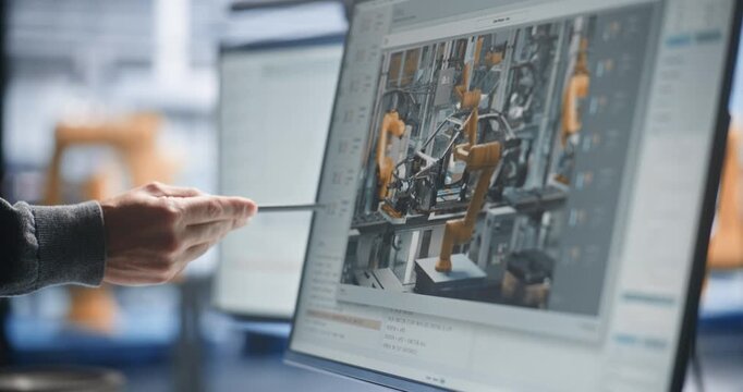 Engineer Holding Stylus to Point at Live Robotic Arm Welding Stream on Computer Display. Industrial IoT Software Streamlines Industry 4.0 Automotive Manufacturing. Robotic Welding Stream, Live Feed.