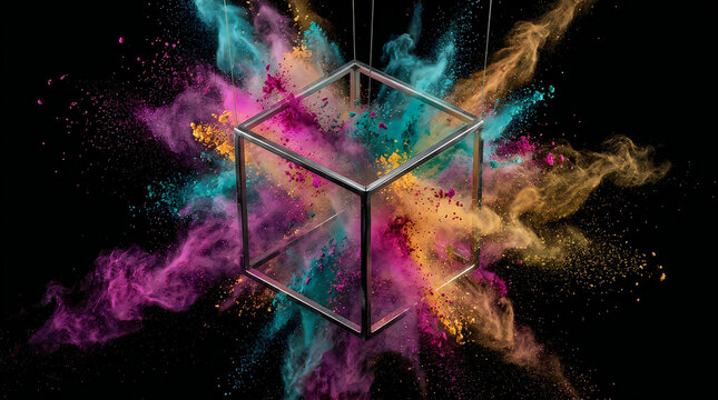 Geometric wireframe cube suspended in vibrant multicolored smoke explosion with dynamic lighting effects