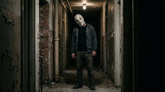 Creepy masked man standing in a dark spooky corridor of an abandoned ruined building