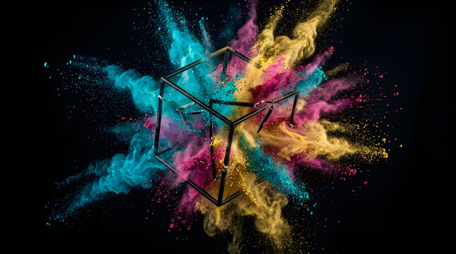 Geometric wireframe cube exploding with vibrant colorful powder on black background