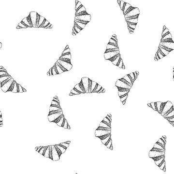seamless pattern butter croissant hand drawn. flaky layered, delicious brunch butter croissant black sketch illustration