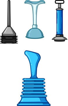 Plungers set features various types of pipe and toilet cleaning tools including rubber cup and accordion styles, providing plumbing equipment for drain unblocking