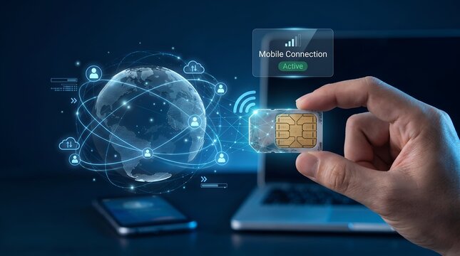 Global mobile connection and international roaming sim card held in hand with digital network globe