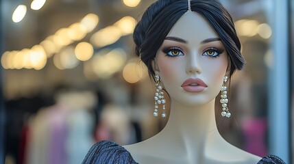Fototapeta premium Mannequin display wearing elegant pearl earrings and dark textured evening dress standing inside a brightly lit modern retail boutique store