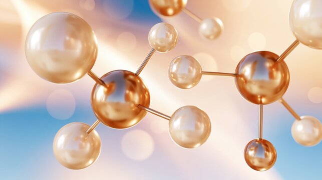 Abstract molecular structure with golden spheres and rods against soft bokeh background, scientific visualization with warm lighting and reflective surfaces