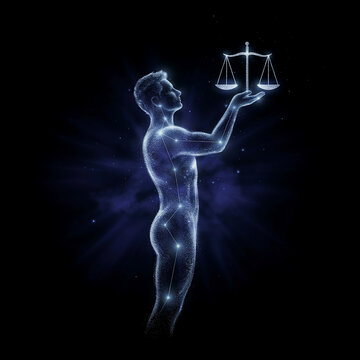 A glowing constellation of a human figure holding a celestial scale against a dark cosmic background. Ideal for legal justice or astrological concepts.