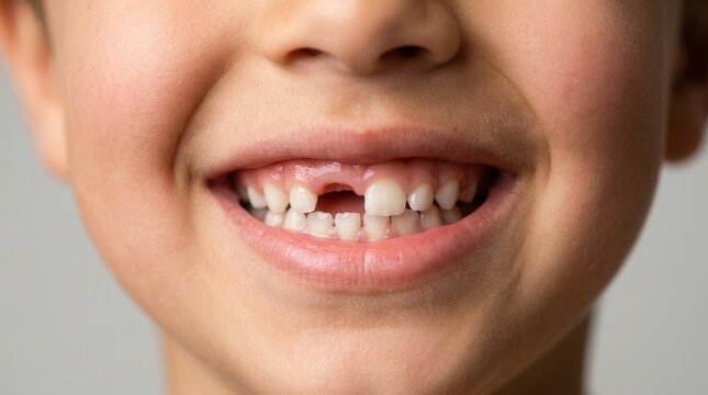 Portrait of a smiling child with deciduous teeth and a natural tooth gap.