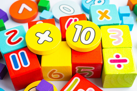 Number wood block cubes for learning Mathematic, education math.